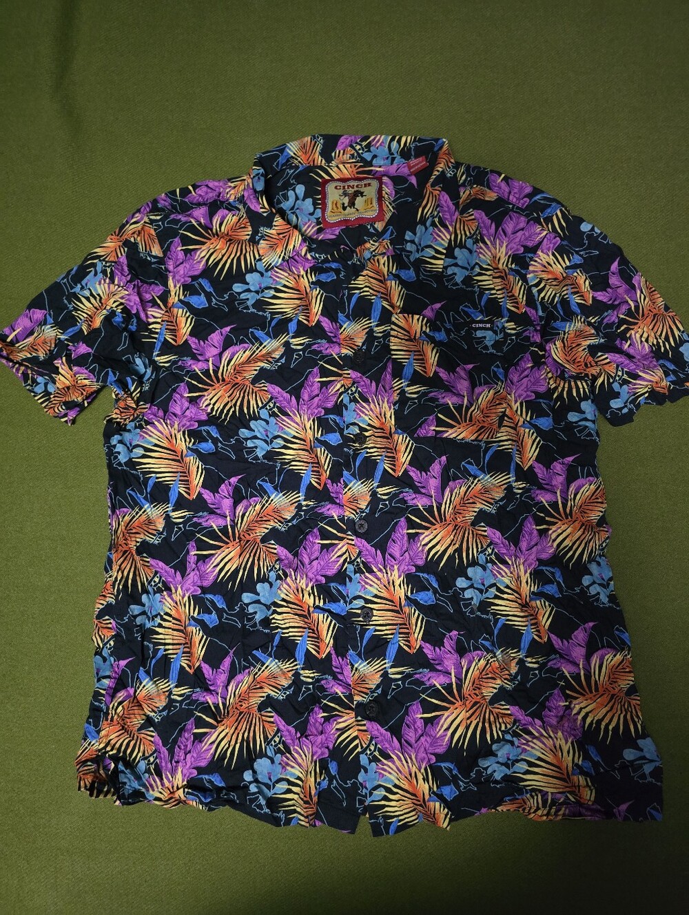 Cinch Short-Sleeve Button-Down with Purple, Orange & Blue Tropical Print